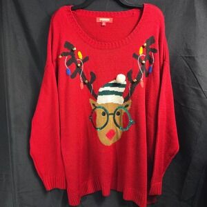 Holiday Traditions Women's Plus‎ 3X Red Reindeer Christmas Sweater Lights Bells